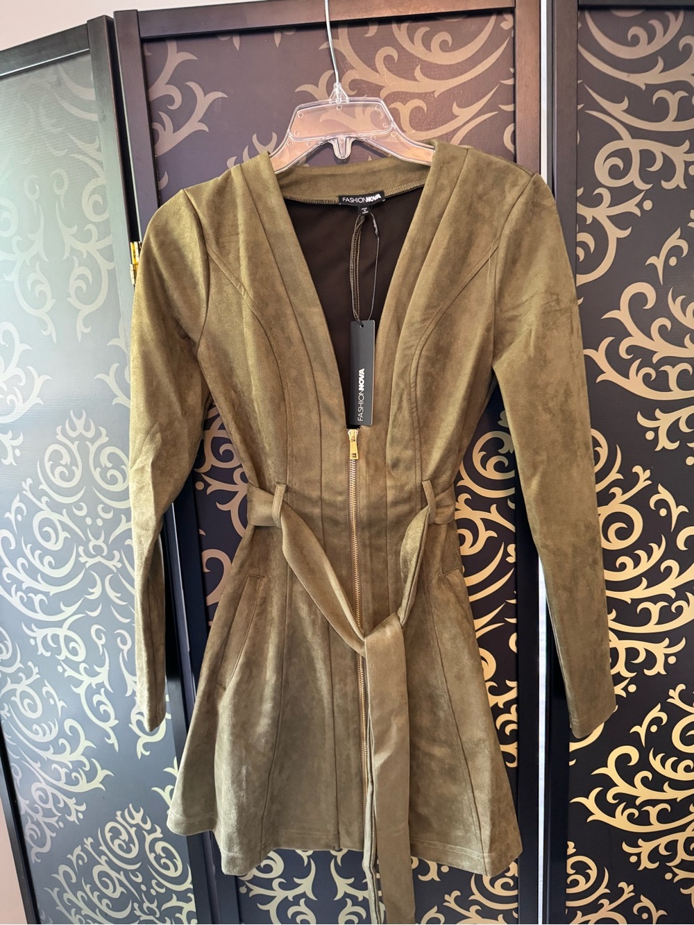Fashion Nova Olive Green Suede Mini Dress with Tie Waist